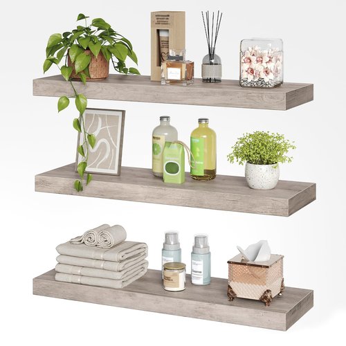RALGEND Floating Shelves for Wall, 1.5" Thick Wall Shelf Set of 3 with Invisible Brackets, 23.6L x 7.9W Hanging Book Shelves Farmhouse Home Decor for Bathroom, Living Room, Bedroom, Greige 6301BJP3BG