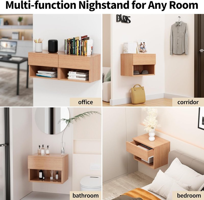 Floating Nightstand, Modern Wall Mounted Bedside Table with Drawer, Wood Bedside Shelf & Desk, End Table Wood Modern Night Stand for Bedroom (Beech QD1, Set of 1)