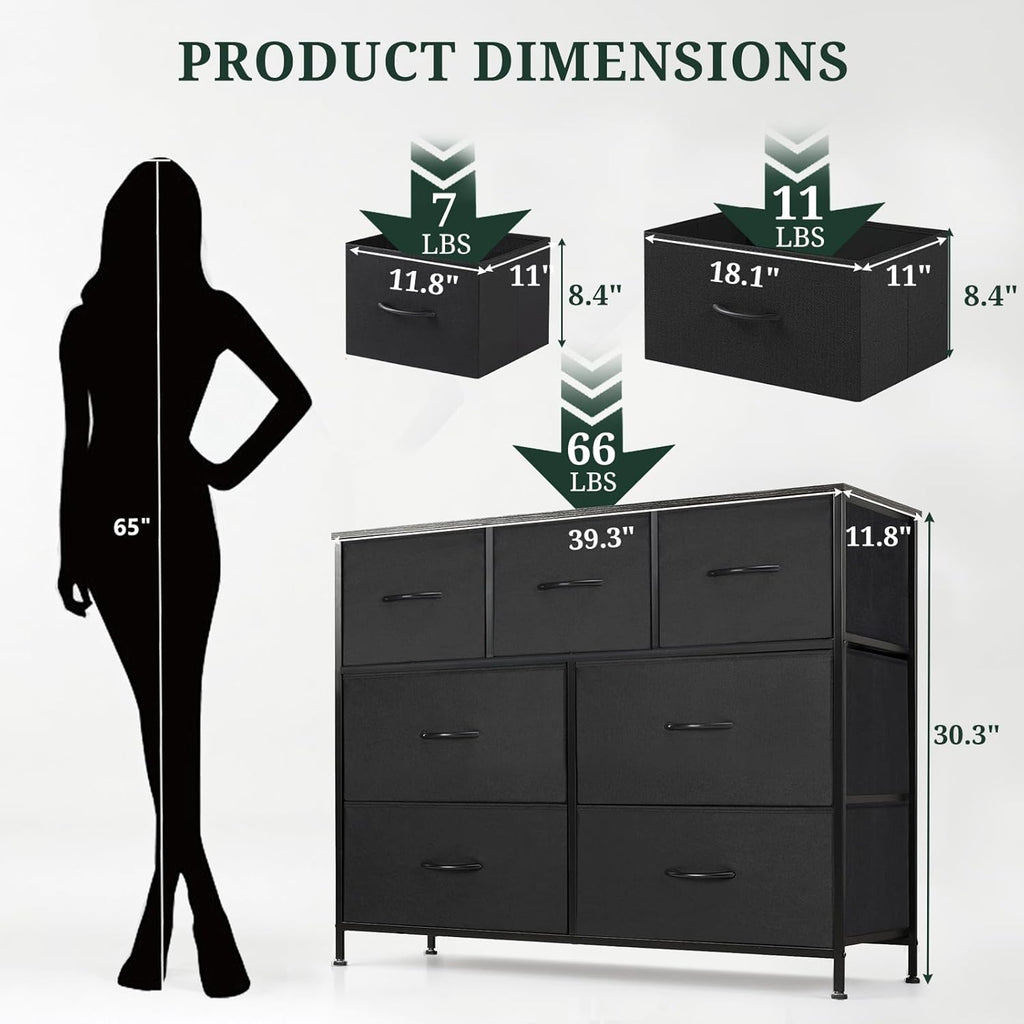 Skiennix 7-Drawer Dresser - Anti-Tip Fabric Storage Organizer with Wooden Top | Black, Versatile for Bedroom & Living Room