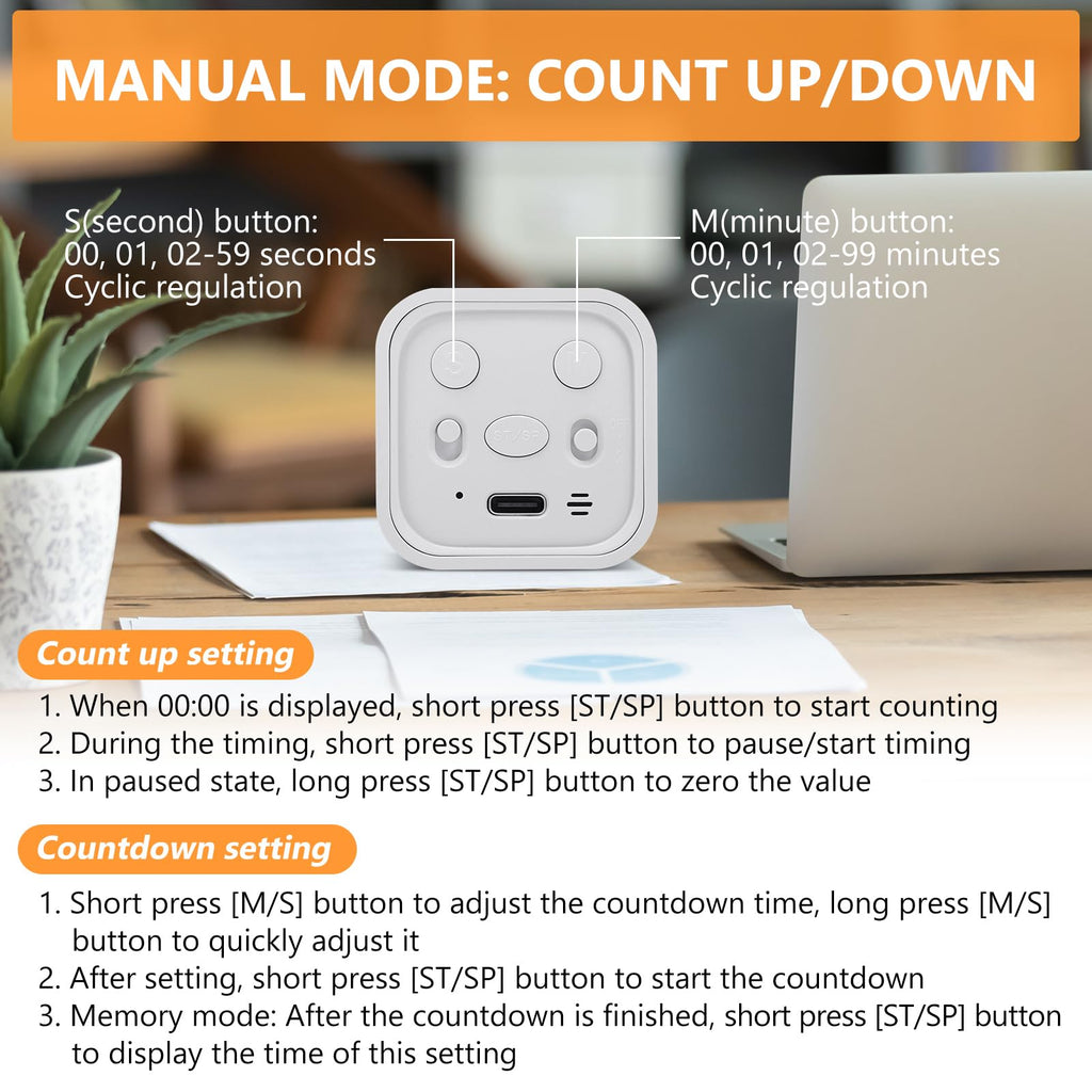 GuDoQi Multi-Function Cube Timer, 5/10/30/60 Min & Custom Count Down, Included Pause & Resume Feature, Silent, Vibrate & Adjustable Sound Alarm for Productivity in Tasks, Study & Kitchen, White