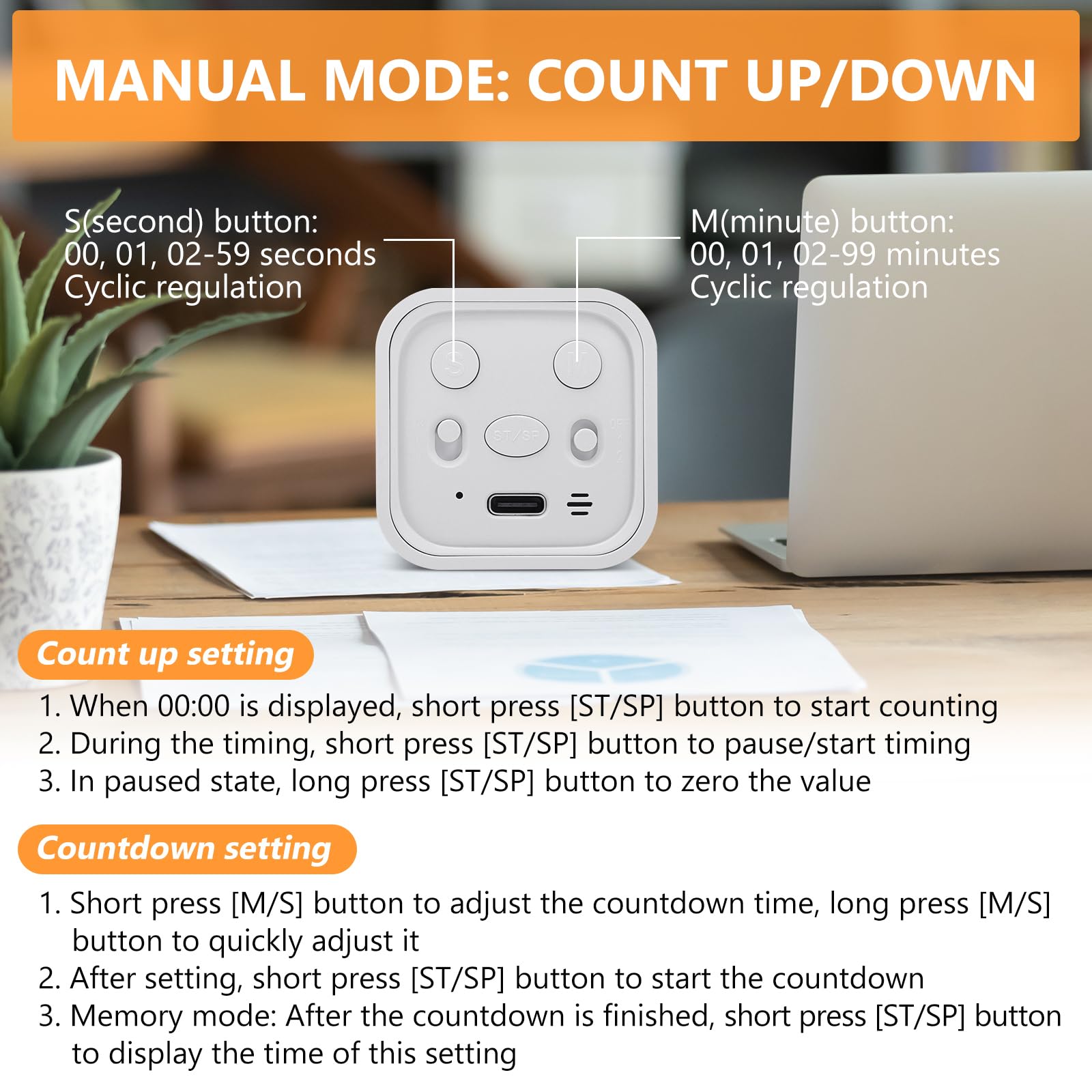 GuDoQi Multi-Function Cube Timer, 5/10/30/60 Min & Custom Count Down, Included Pause & Resume Feature, Silent, Vibrate & Adjustable Sound Alarm for Productivity in Tasks, Study & Kitchen, White