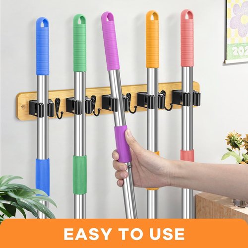 IMILLET Broom Holder Wall Mount - Bamboo Mop Organizer with 5 Racks & 4 Hooks | Ideal for Home Storage