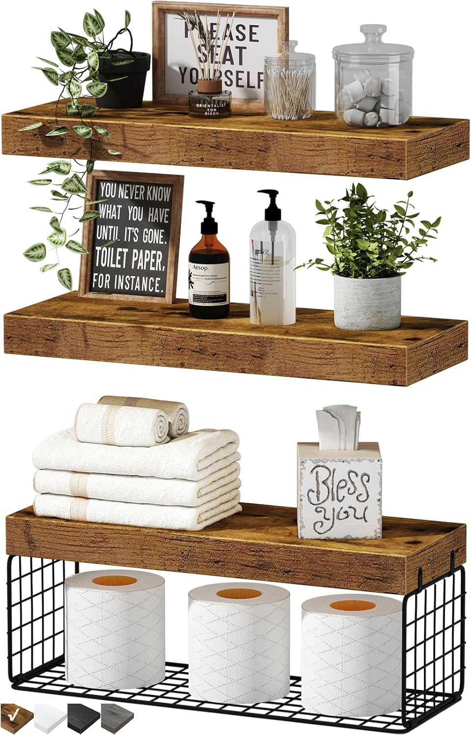 QEEIG Bathroom Shelves - Over Toilet Wall-Mounted Floating Storage | Rustic Brown Set of 3, 16 Inch