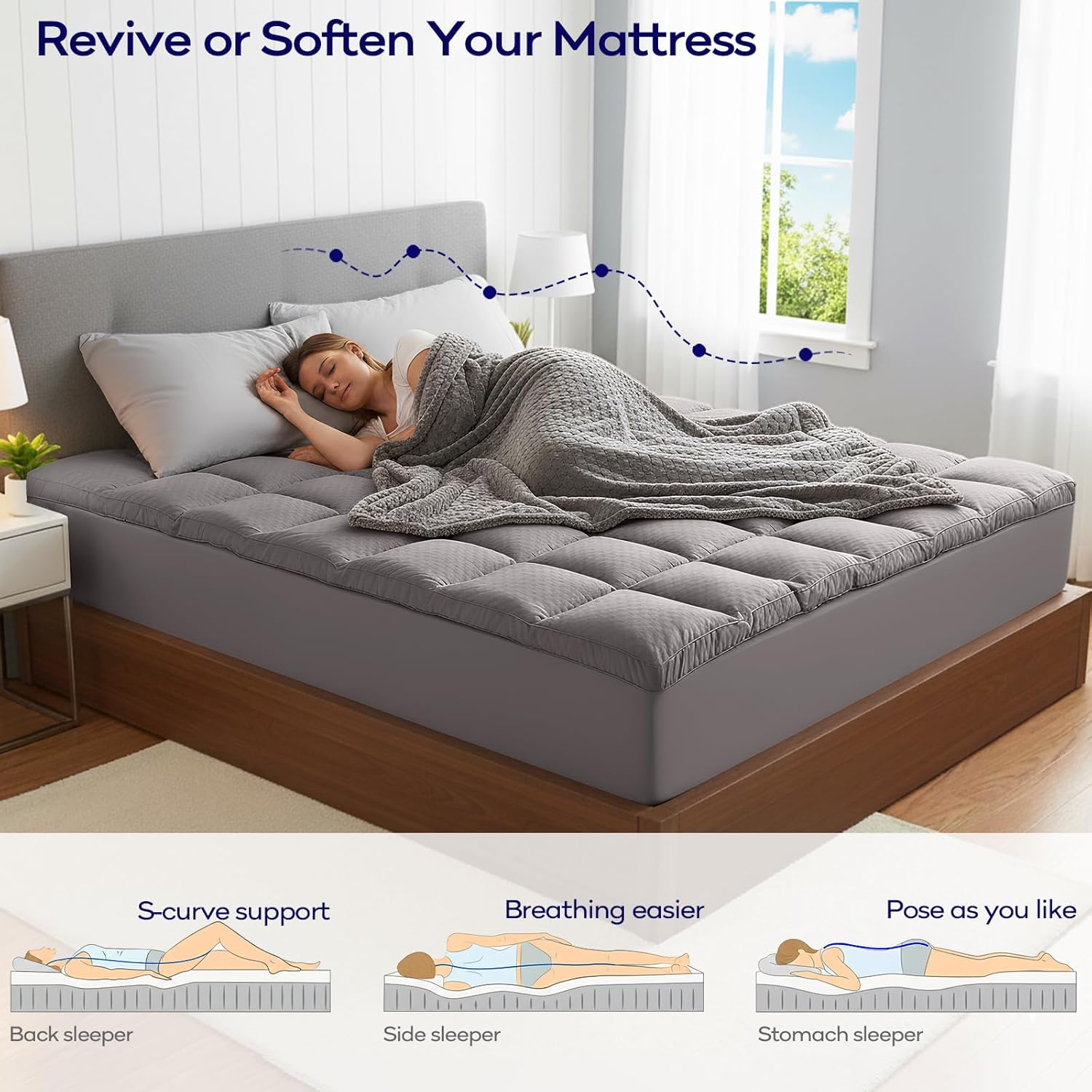 OLANLY Queen Size Memory Foam Mattress Topper - Dual-Layer 4 Inch Cooling Pillow Top & Gel Foam, Light Grey