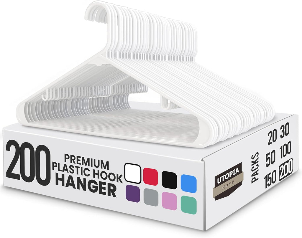 Utopia Home Plastic Hangers 200 Pack - Durable Space-Saving Closet Organizers - Essential for Shirts, Pants & Coats (White)