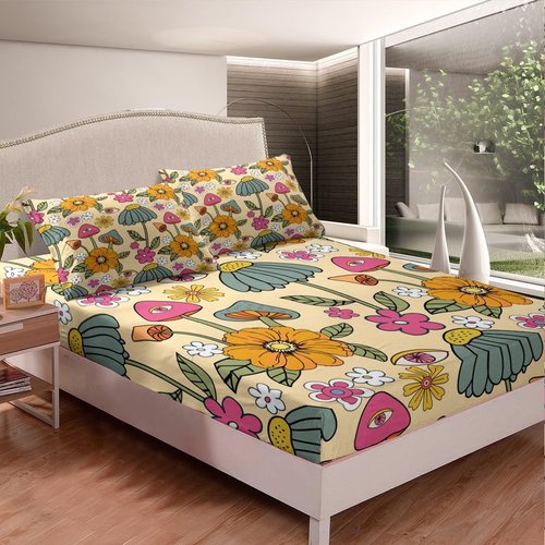 Kids 70s Retro Floral Bedding Set Twin Size,Hippie Flowers Leaves Bed Set for Child Bedroom Decor,Cartoon Eyes Mushroom Fitted Sheet Microfiber Bed Cover(1 Fitted + 1 Pillow Case)