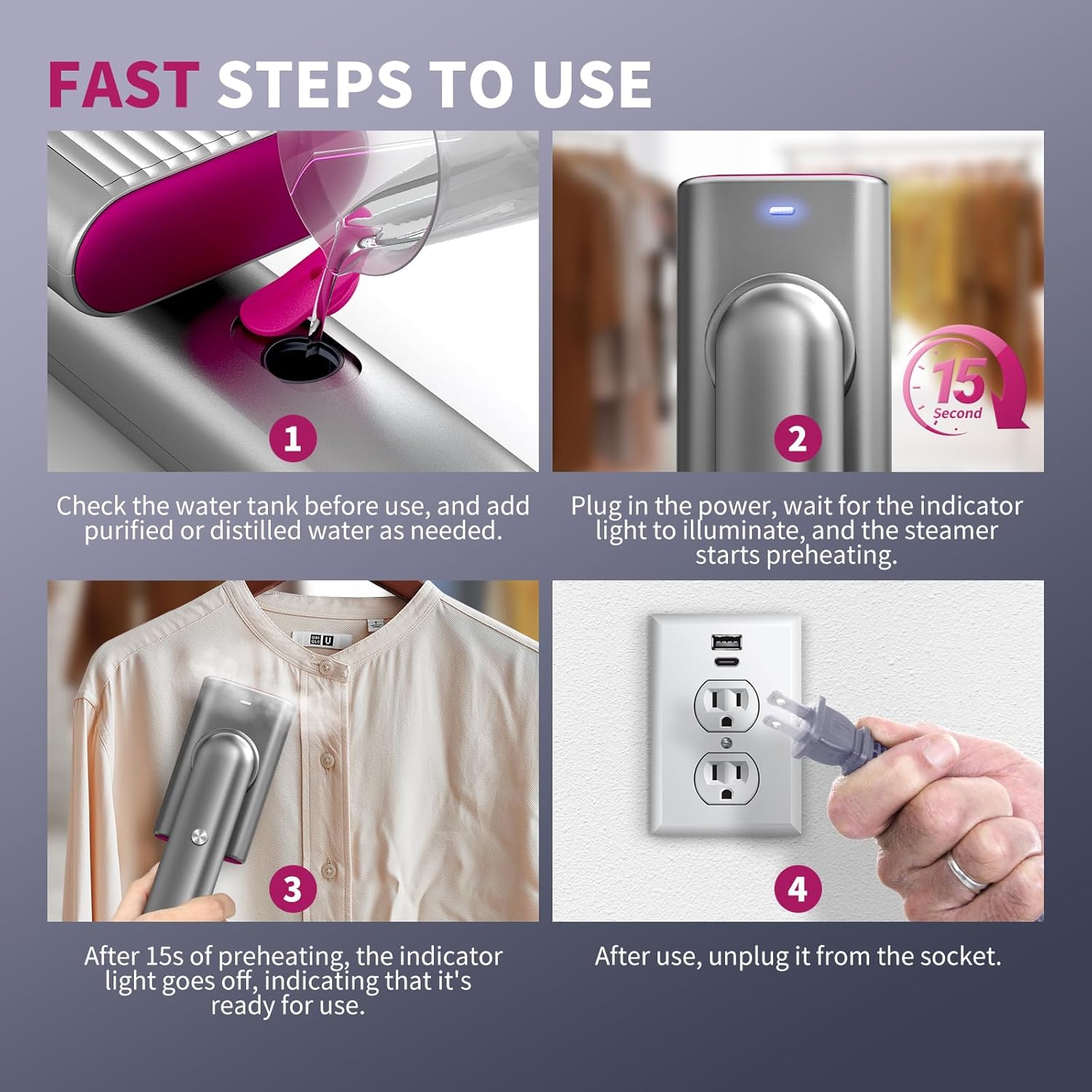 Skiennix Portable Clothes Steamer - Fast Heat-Up in 15 Seconds | 70ml Water Tank, Silver Gray