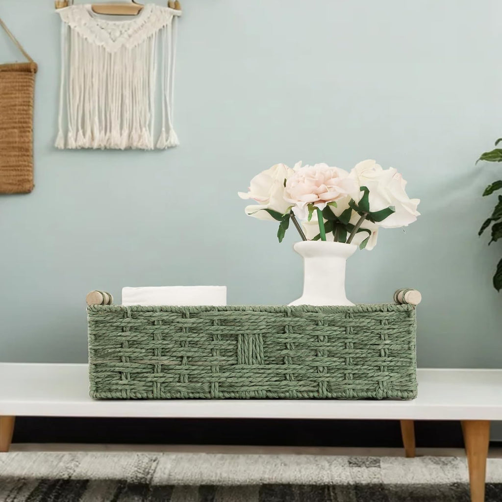 Skiennix Toilet Paper Storage Basket - Decorative Wicker Design with Wooden Handles | Green Paper Rope for Bathroom Decor