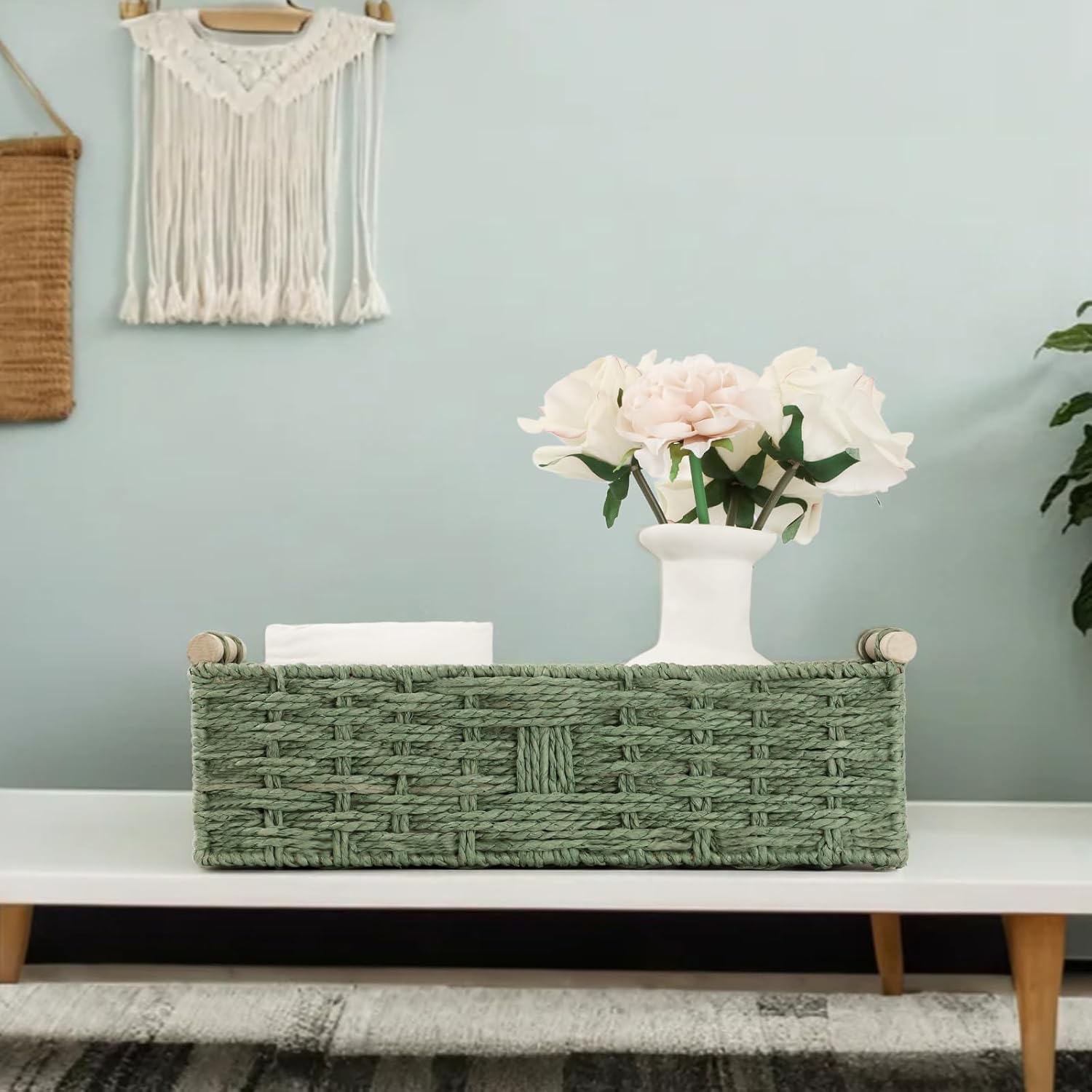 Skiennix Toilet Paper Storage Basket - Decorative Wicker Design with Wooden Handles | Green Paper Rope for Bathroom Decor
