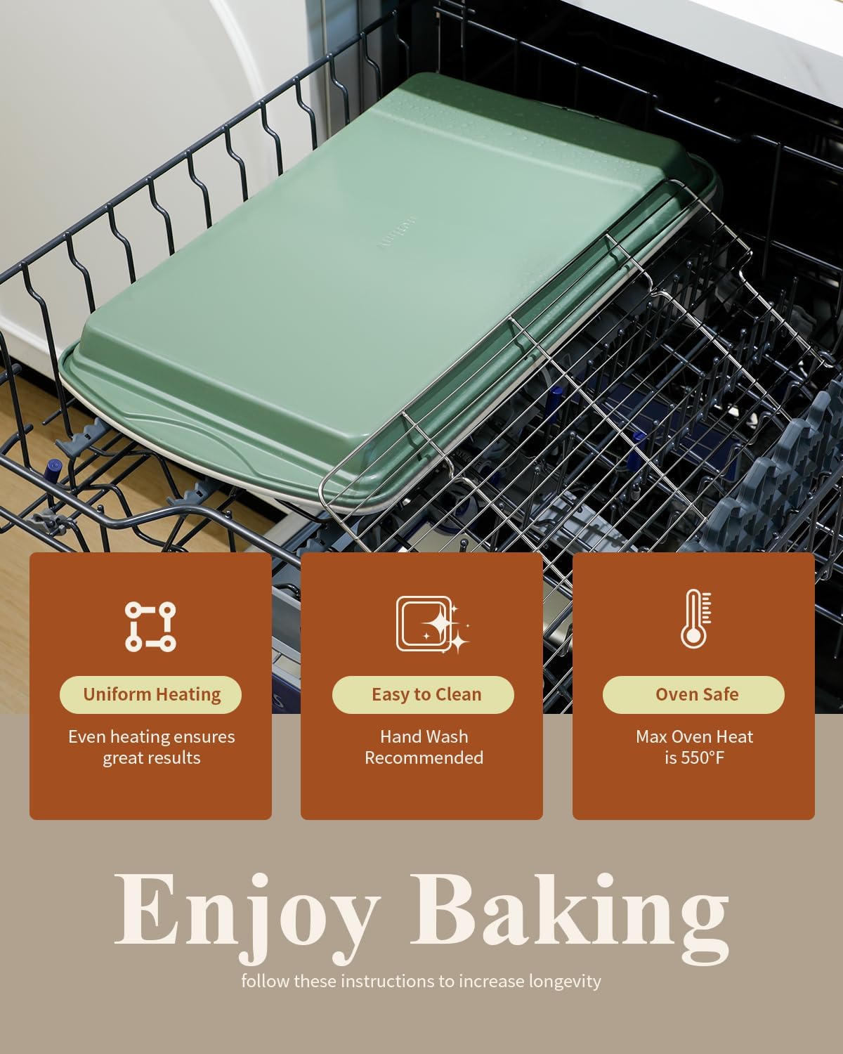 Nonstick Crisp Baking Tray - Ceramic Coating Jelly Roll Cookie Sheet Pan | 15x10, PTFE & PFOA Free, Oven Safe 550°F, Dishwasher Safe, Aluminized Steel, Pistachio Green