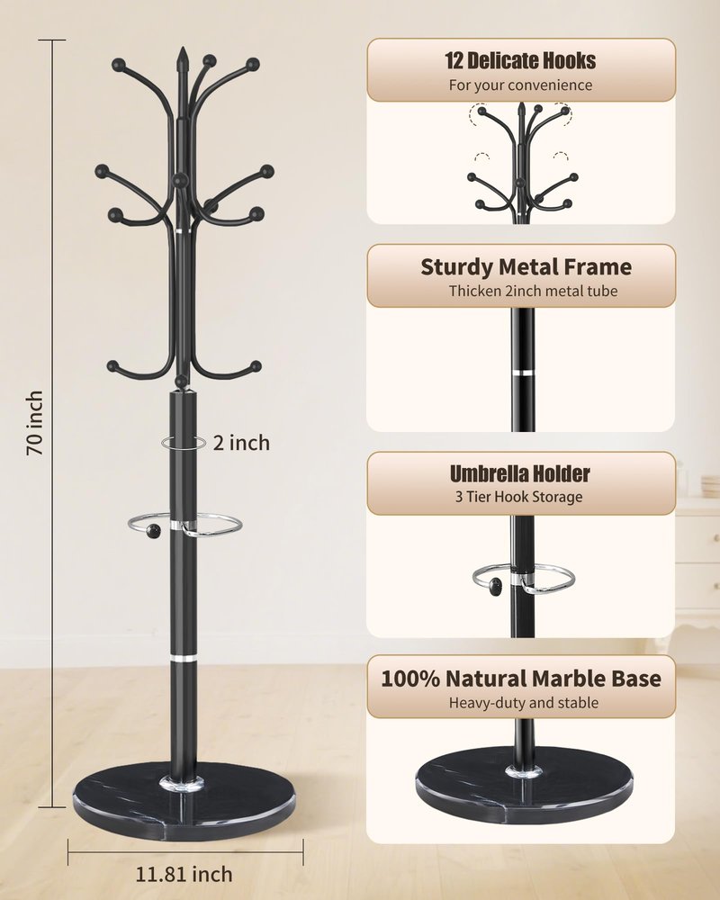 ZIECUKU Metal Coat Rack with Natural Marble Base, Coat Rack Stand with 12 Hooks & Umbrella Holder, Black Modern Freestanging Coat Racks, Coat Jacket Hanger Tree Stand for Corner Entryway Office