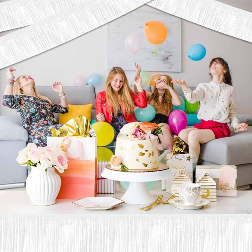 Macaron 10 Ft White Foil Fringe Garland - Metallic Streamers for Party Decorations | 4 Pack