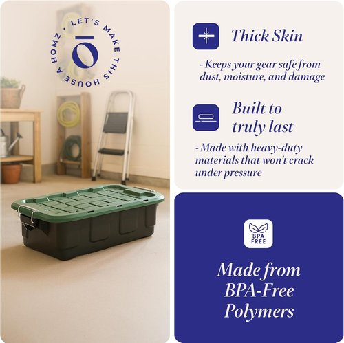 HOMZ 10-Gallon Stackable Storage Bins - Durable Plastic Containers with Lids & Latching Handles | Black/Green (2 Pack)