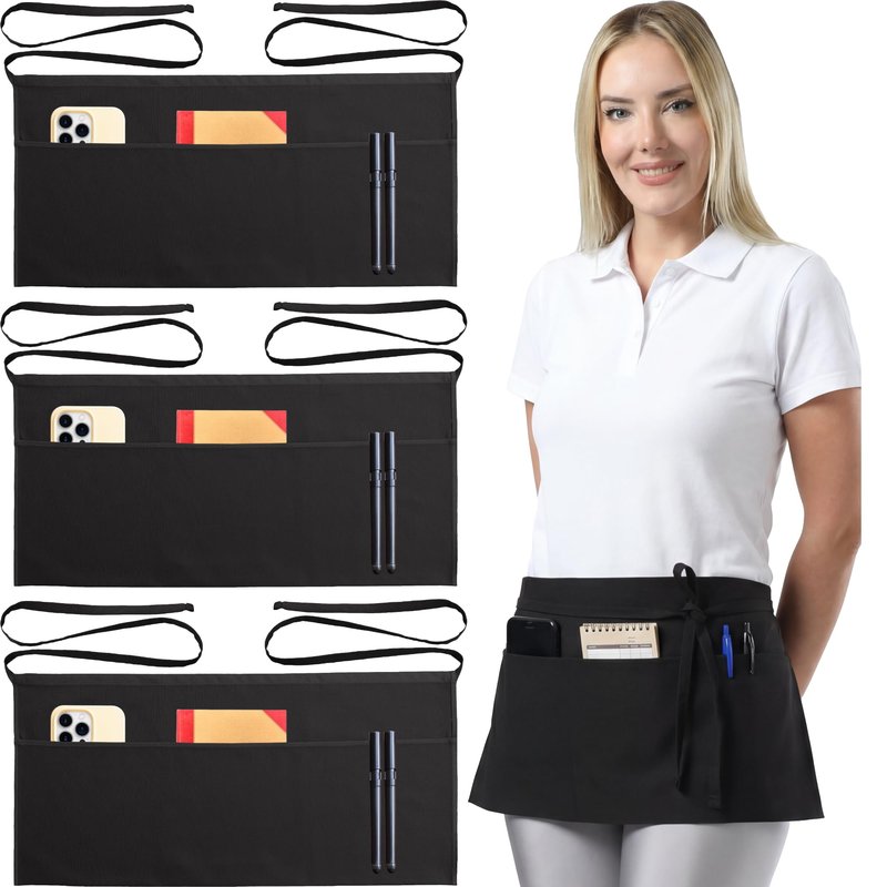 TOSHE Waist Apron with 3 Pockets Waterdrop Resistant Premium Cotton Waitress Apron 10 Color Option Server Apron Chef Apron (3 Pack - Black)