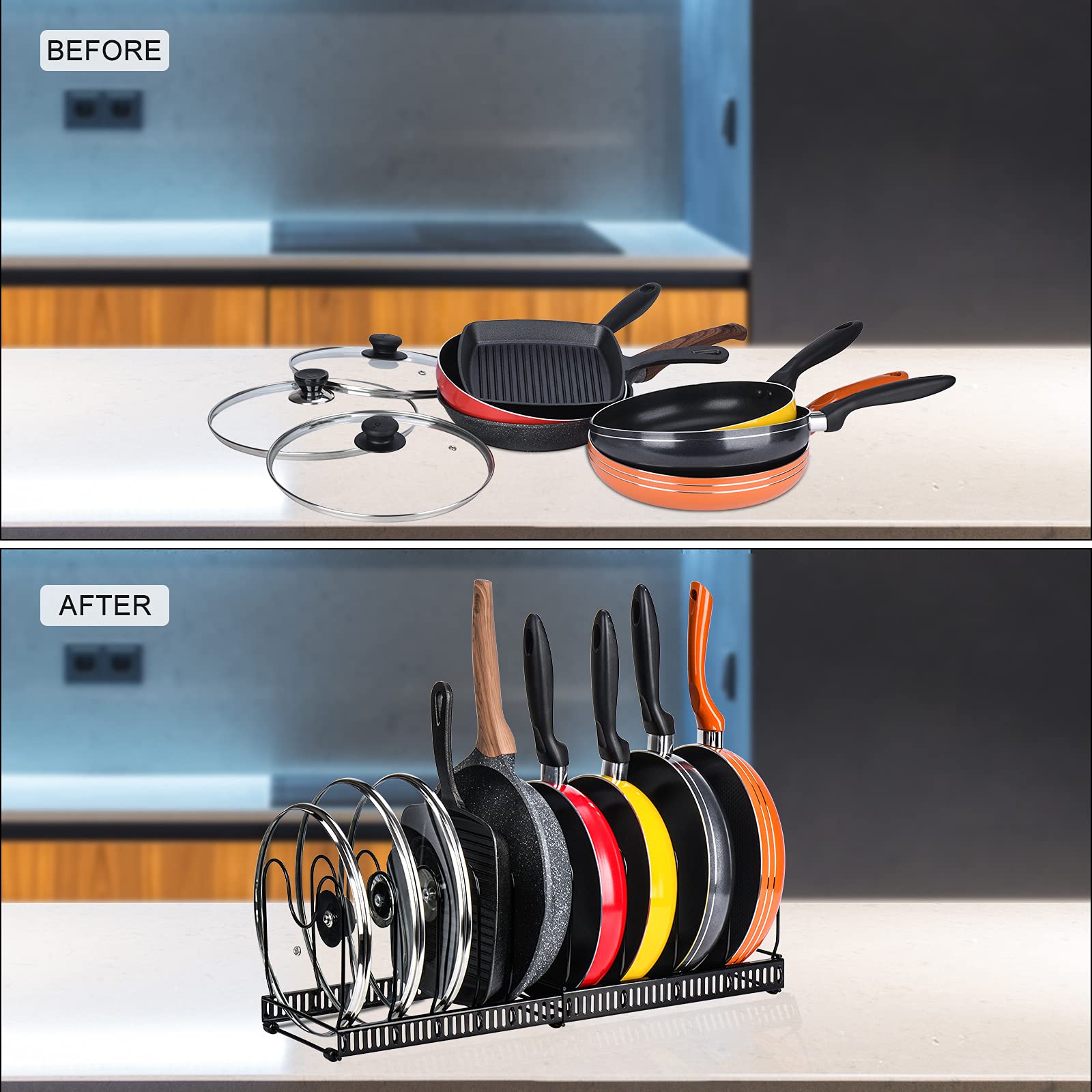 Toplife Pots and Pans Organizer Rack for Cabinet and Countertop, 10+ Pot Lids, Bakeware and Cookware Holder with 10 Adjustable Compartments - Black