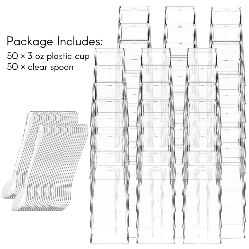 Zezzxu 3 oz Square Mini Dessert Cups with Spoons - 50 Pack Plastic Pudding & Parfait Cups Party Dessert Shooters for Serving Trifle Mousse Cake Appetizers