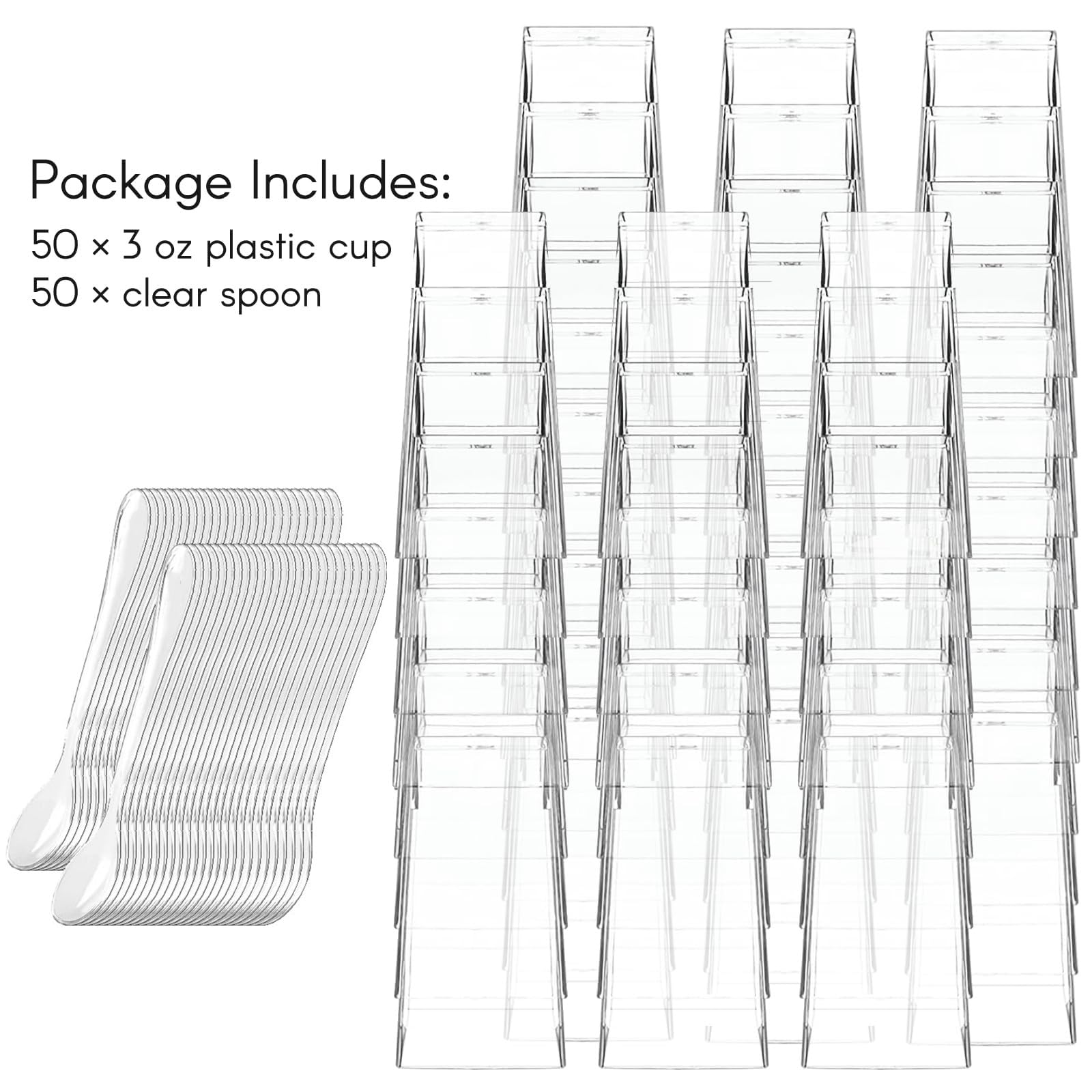 Zezzxu 3 oz Square Mini Dessert Cups with Spoons - 50 Pack Plastic Pudding & Parfait Cups Party Dessert Shooters for Serving Trifle Mousse Cake Appetizers