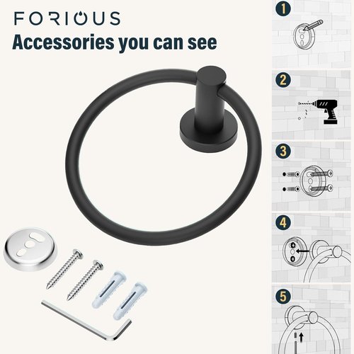 FORIOUS Towel Ring - Modern SUS304 Stainless Steel Hand Towel Holder | Matte Black, Wall Mounted for Bathroom & Kitchen