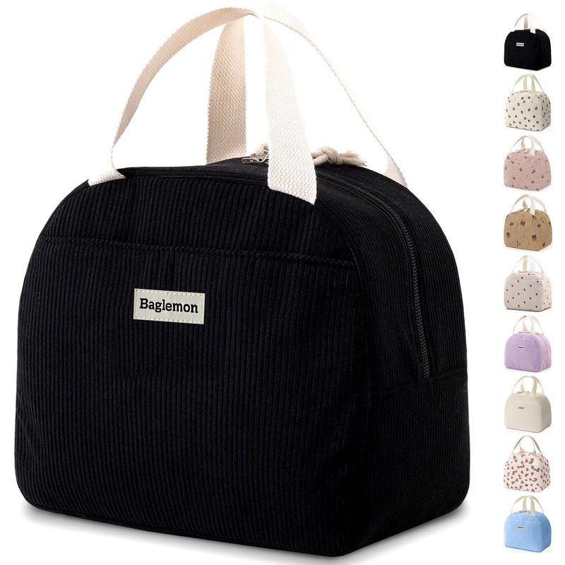 Baglemon Lunch Bag for Women Men Cute Corduroy Lunch Tote Bags Reusable Insulated Lunch Box Large Capacity Reusable Insulated Cooler for Work/Picnic/Travel
