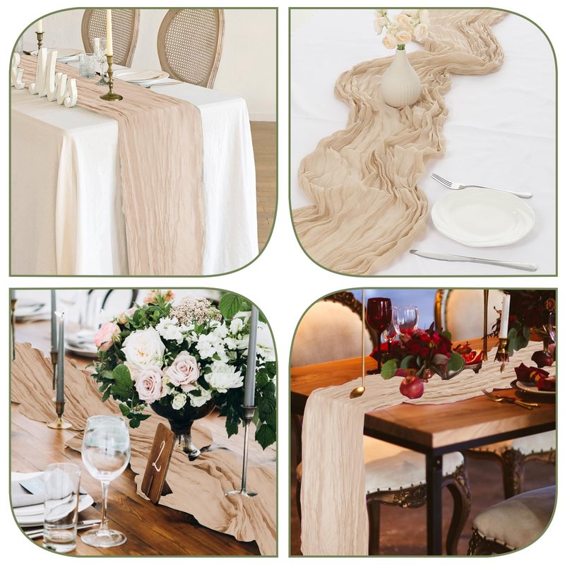 4 Pack Beige Cheesecloth Table Runner, 10ft Boho Gauze Tables Runners Cheese Cloth Vintage Rustic Sheer Runners Romantic Table Runner for Wedding Baby Shower Birthday Party Summer Garden