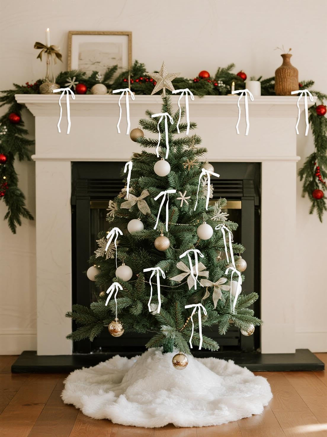 SIMISI Velvet Ribbon Bows - 24Pcs White Christmas Decorations for Tree, Wreath & Garland (3/8'' Width, 5x7 Inch)