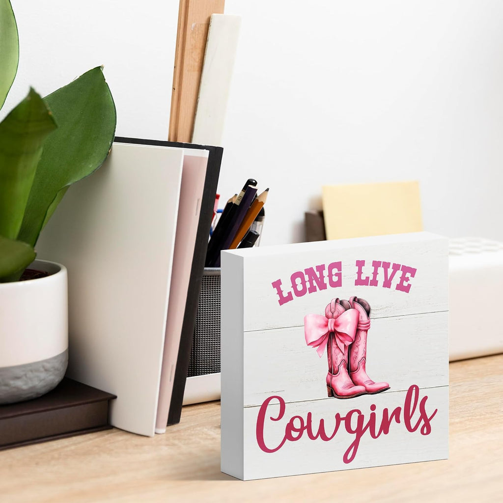 Regine Switzerland Pink Bow Western Cowgirl Decor Sign - Charming 5x5 Inch Wooden Box for Nurseries & Teen Rooms