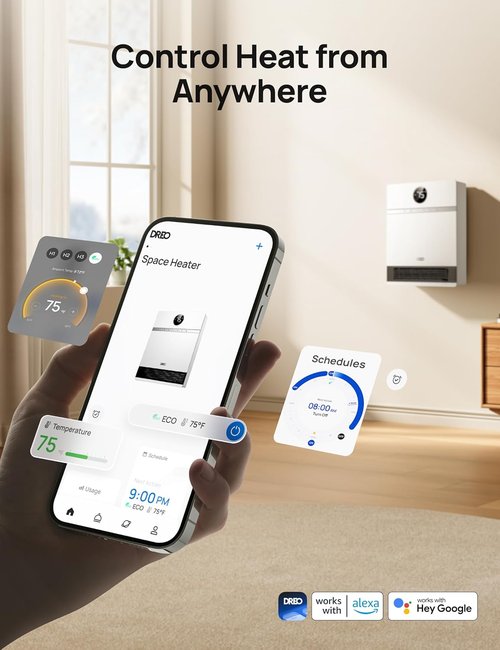 DREO Smart Wall Heater - IP24 Electric PTC Space Heater with 30° Oscillation & Remote Control | Works with Alexa