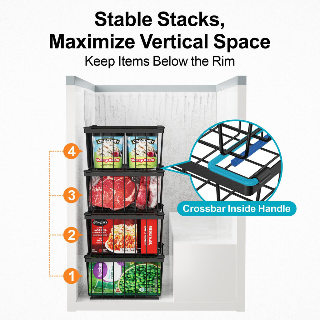 iSPECLE Deep Freezer Organizer, 8 Pack Wire Baskets for 5 Cu.Ft Chest Freezer & Upright Freezers (Over 8.5 Cu.Ft), 14" x 9.4" Stackable Heavy Duty Storage Bins Easy Access to Sort Meat, Black