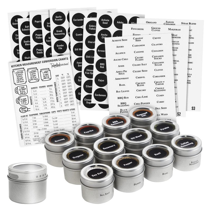 Talented Kitchen Magnetic Spice Jars for Refrigerator - 3 oz, Stainless Steel, Set of 12 - Spice Containers with Labels - Magnetic Travel Containers & Camper Must-Haves