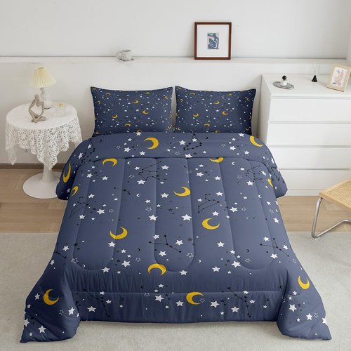 Erosebridal Moon & Stars Bedding Boys Girls 3Pcs Galaxy Full Comforter Set for Kids Toddler Teen, Dreamy Moon Stars Bedding Sets Constellation Space Illustration Duvet Set with 2 Pillowcases