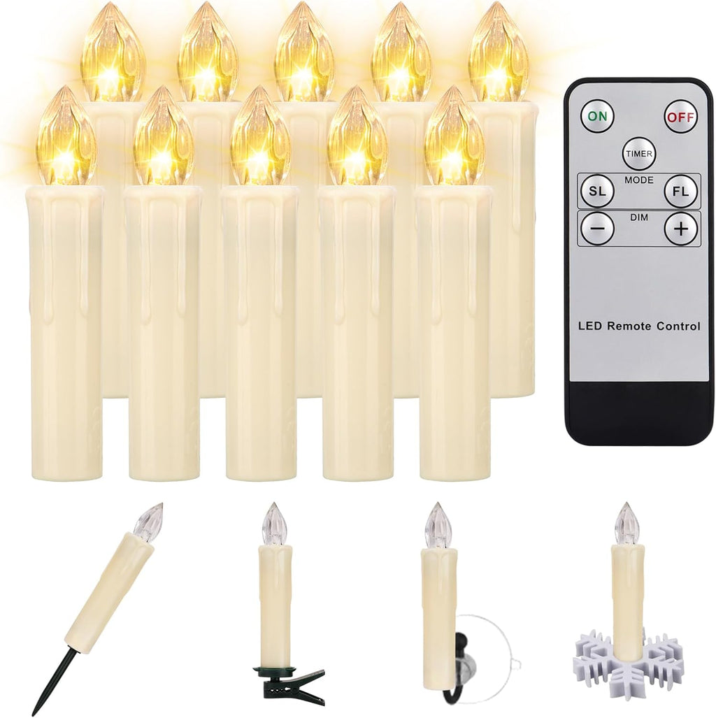Skiennix LED Flameless Taper Candles - Battery Operated with Remote Timer | 10 PCS for Christmas & Events