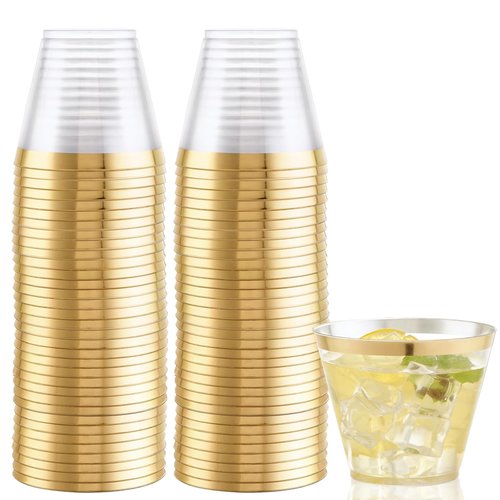 Hioasis 100Pcs 9OZ Clear Plastic Cups with Gold Trim - Plastic Disposable Cups, Heavy Duty & BPA-free for Party, Wedding, Celebrations