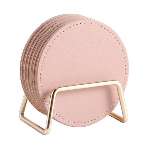 CASEGRACE Drink Coasters with Metal Holder Stand Set of 6, PU Leather Absorbent Coasters with Cork Base Table Coaster Set Decorative Coffee Cup Coasters Housewarming Gift for Home Decor