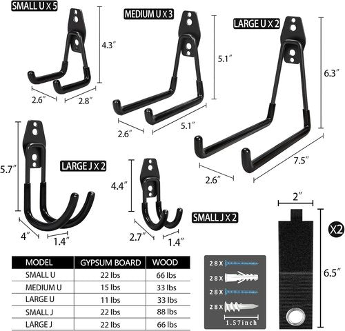 KOFANI Heavy Duty Garage Storage Hooks - 16 Pack Anti-Slip Wall Mount for Bikes, Ladders & Tools