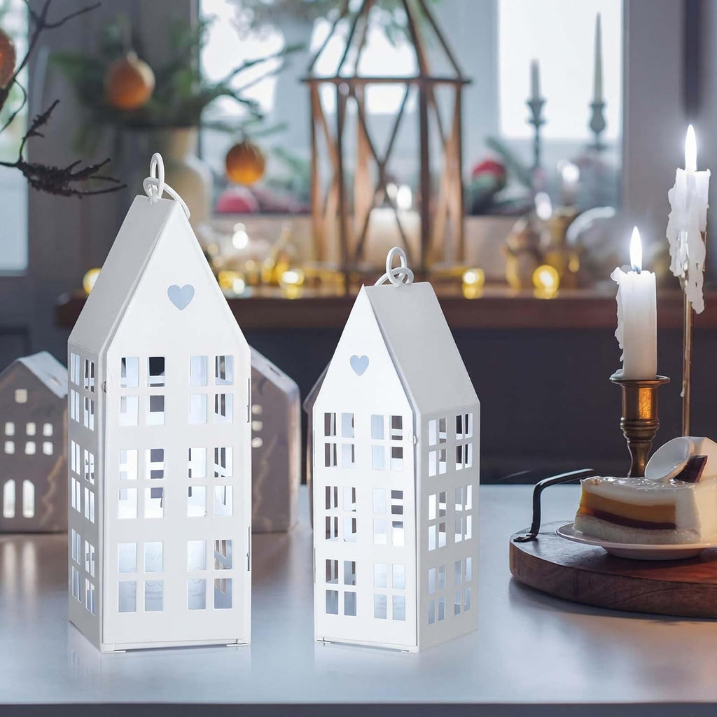 SiliFine White Farmhouse Village Set - Rustic Metal Lanterns with 2 White Candles for Home Decor