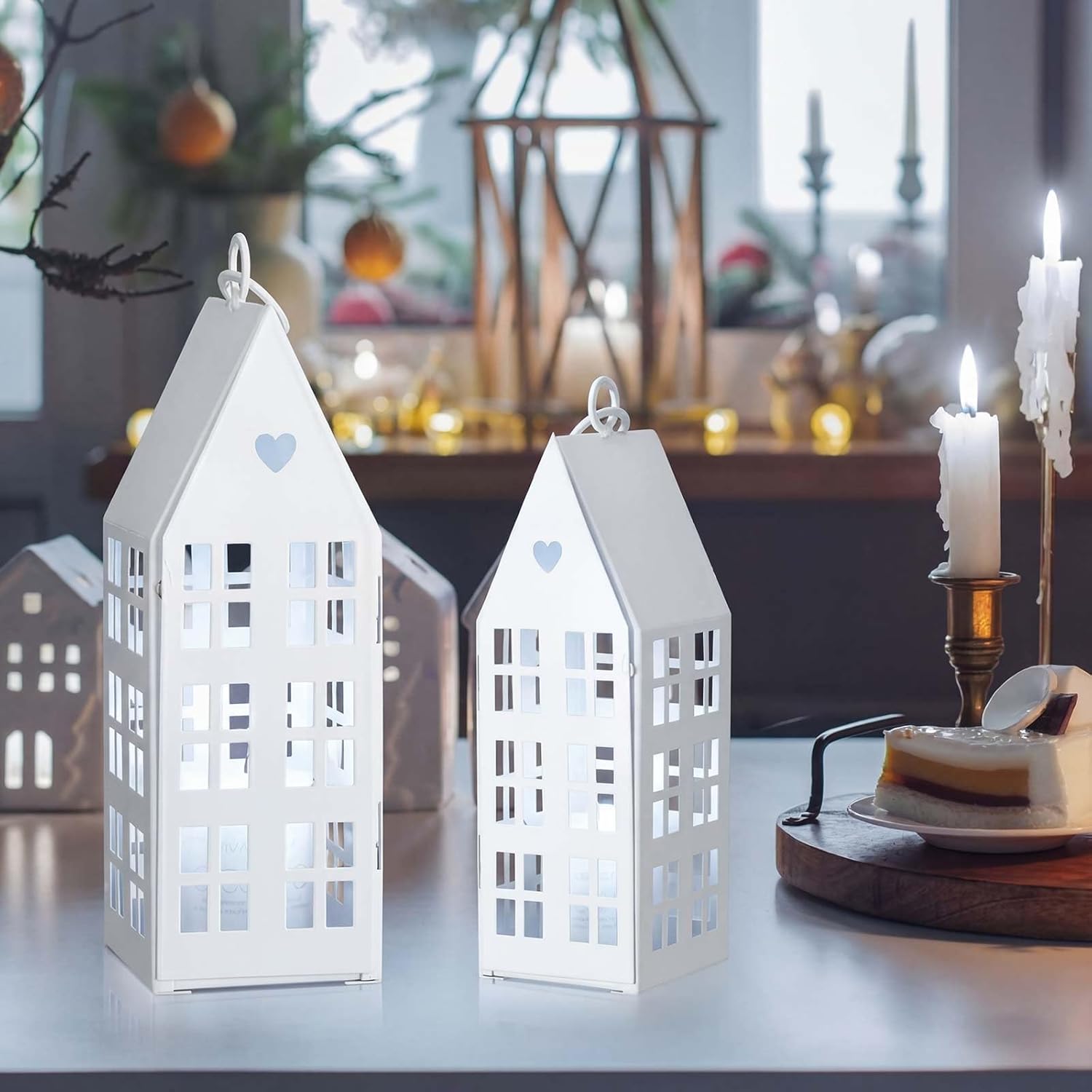 SiliFine White Farmhouse Village Set - Rustic Metal Lanterns with 2 White Candles for Home Decor