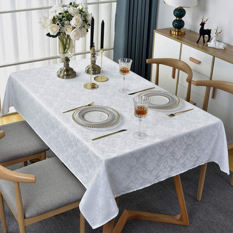 Rectangle Table Cloth - 52 x 70 Inch White Jacquard Tablecloths Damask Design Spillproof Wrinkle Resistant Shrinkproof Soft Tablecloth Polyester Oblong Table Cover for Kitchen Dinning Party Tabletop