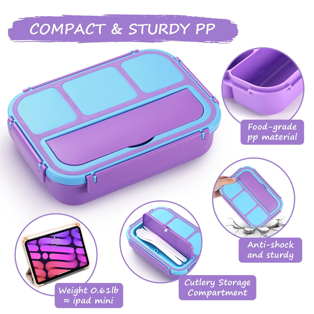QQKO Bento Lunch Box for Kids Girls Boys, Toddler Kids Lunch Boxes for School, Lunch Containers for Adults with 4 Compartments, Sauce Container, Utensils, Food Picks and Muffin Cups, Purple