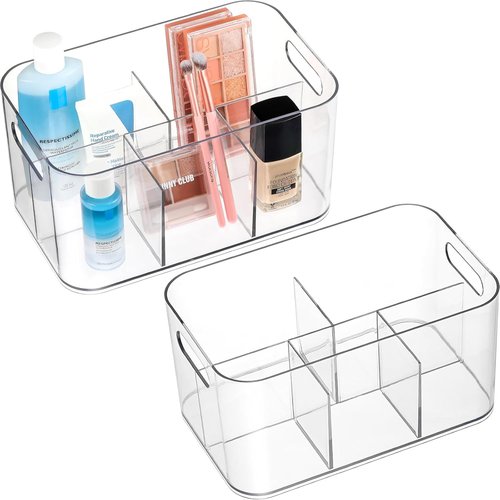 5-Compartment Clear Plastic Bin | Versatile Art Supplies & Makeup Organizer - Ideal for Vanity, Bathroom, Kitchen