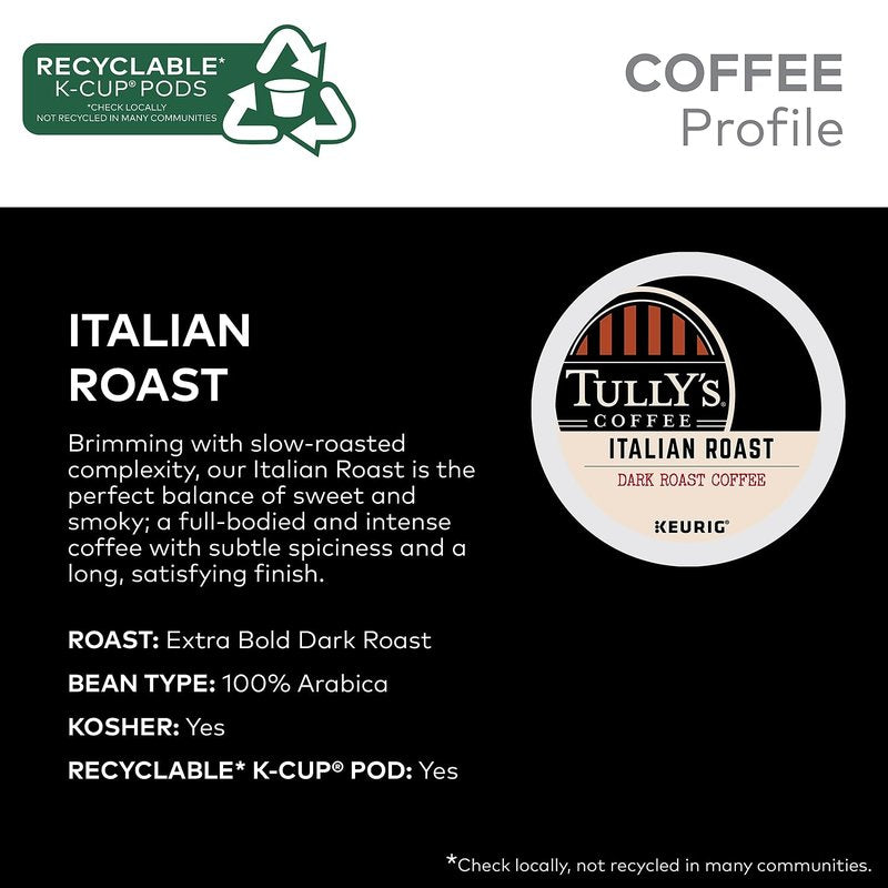 Tully's Coffee Italian Dark Roast Keurig Single-Serve K-Cup Pods, Dark Roast Coffee, 24 Count
