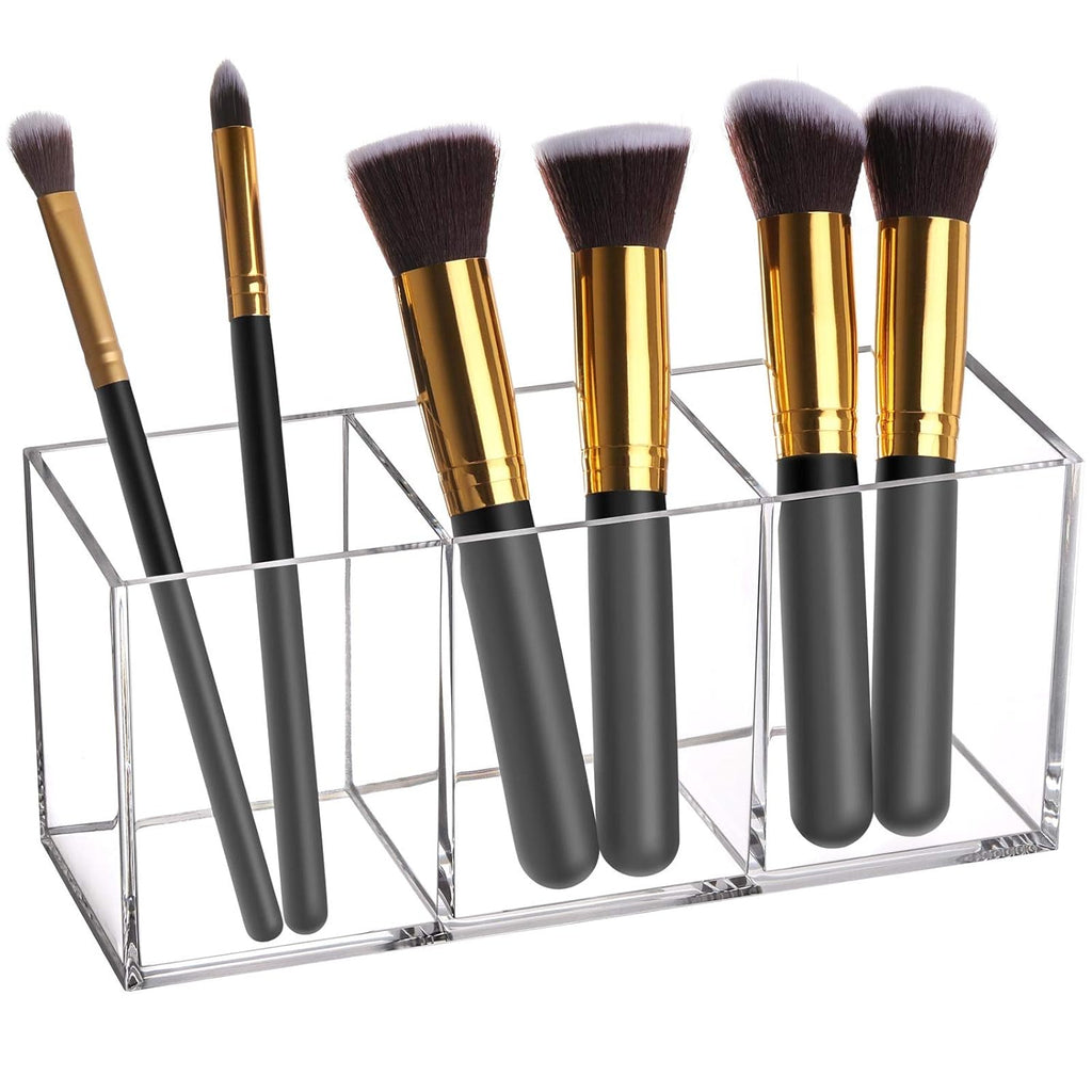 Tbestmax Makeup Brush Holder - Clear Cosmetic Organizer with 3 Slots for Vanity Storage