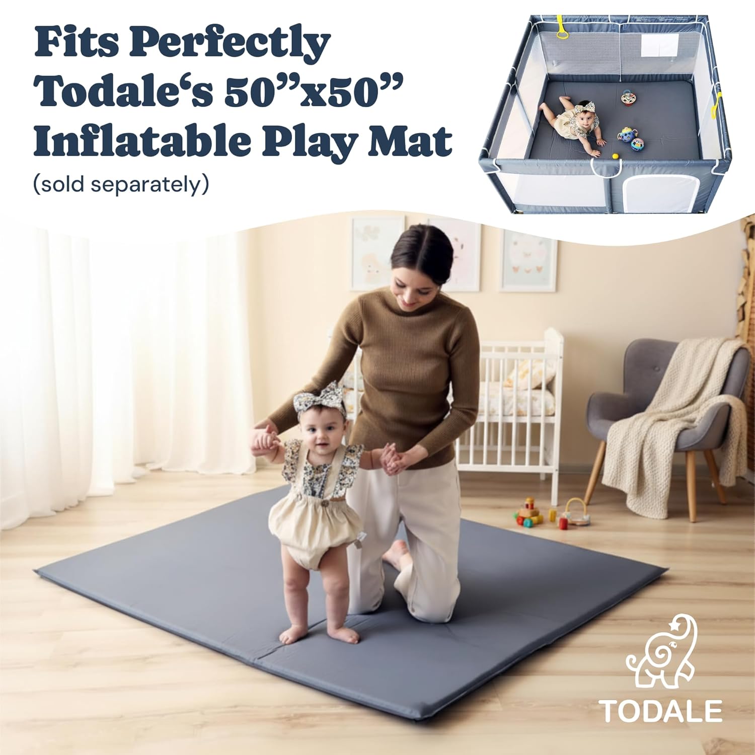 Todale Baby Playpen - Grey Foldable Playpen for Infants & Toddlers | Easy Setup & Ventilated Design - 50 x 50 x 27 in