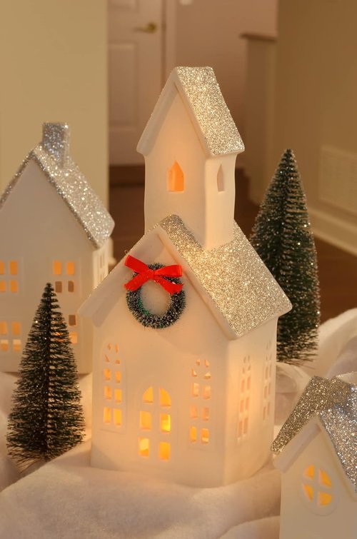 Mark Feldstein & Associates LED Holiday Figurines - Silver Rooftopped Village Set | 16 Pieces, 11 Inch