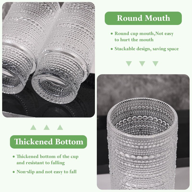 AUFXKOO 16OZ Glass Coffee Cups with Lids and Straw,4Pcs Glass Tumbler with Straw and Lid,Vintage Embossed Glassware for Whiskey Cocktail Beer,Iced Coffee Cup
