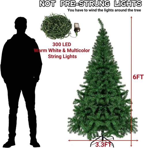Juegoal 6-Foot Artificial Christmas Tree - 300 LED Warm White & Color Changing Lights, Sturdy Metal Legs