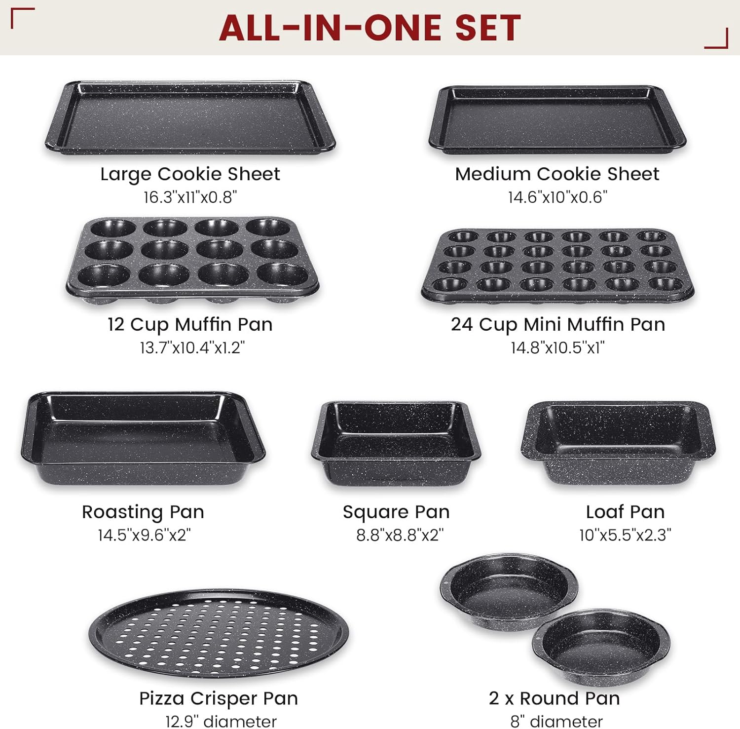 Terlulu 10-Piece Nonstick Baking Pans Set - Versatile Bakeware for Oven Cooking | Stackable Carbon Steel in Black