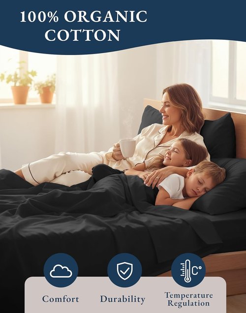 **LANE LINEN 100% Organic Cotton Queen Size Sheet Set - Naturally Cooling Percale Weave, Deep Pocket, Black**