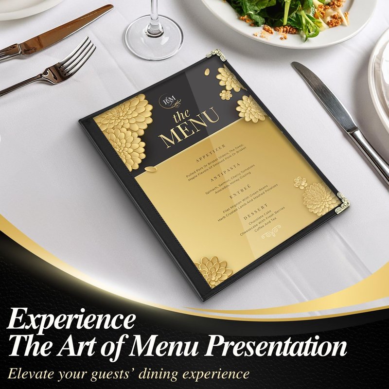 Flexzion Restaurant Menu Covers 8.5 x 11 Inch (6 Pack) - Book Style Bar Menu Holder with 3 Page 6 View - Transparent Clear Menu Book Covers with Gold Metal Corner for Restaurant, Hotel, Cafe