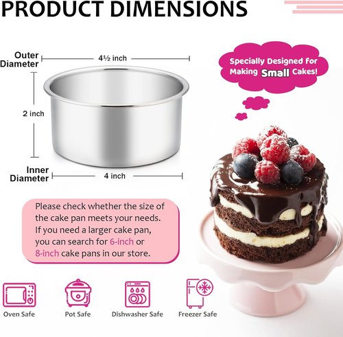E-far Mini Round Cake Pan Set - 3 Stainless Steel Pans, Non-Toxic & Dishwasher Safe, 4 Inch Size