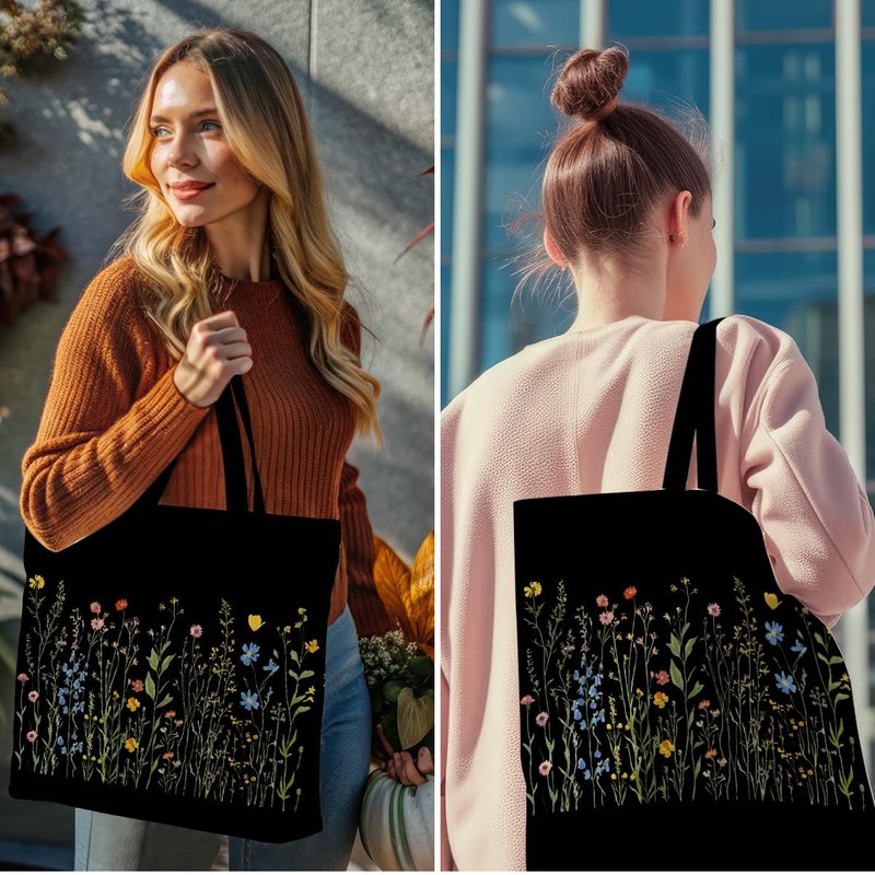Wildflower Canvas Tote Bag Aesthetic Canvas Bag with Pocket for Shopping Work Gym Botanical Large Reusable Grocery Bags Gifts for Women Bridesmaid Flower Appreciation Birthday Friendship Christmas
